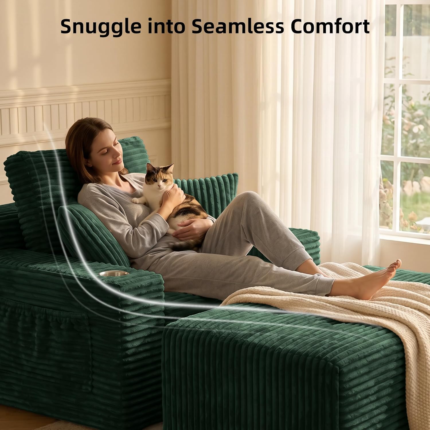 66’’ Oversized Chaise Lounge Chair Indoor, Deep Seat Corduroy Reading Chair Snuggler with Ottoman, Boneless Floor Couch with Cup Holders & Side Pockets, Floor Sleeper Sofa for Home,Dark Green