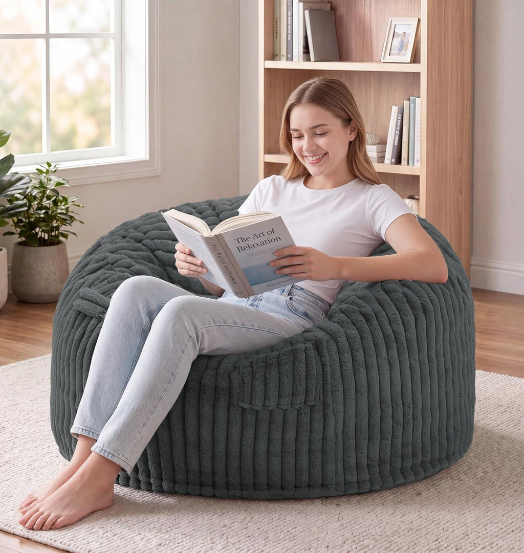 fond + found 3FT Bean Bag Chair Bean Bag Chairs for Adults with Memory Foam Removable Cover Stripe Plush, Adult Bean Bag Chairs for Living Room Bedroom Gaming Dorm Office-Dark Grey(36” x 36” x 22”)