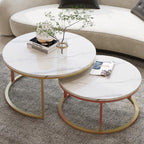 WiberWi Round Coffee Table Nesting Tables Set of 2, Large : Ø 34.0", Small : Ø 26.0", Modern Design Coffee Tables for Living Room, Gold Metal Frame Circle Cocktail Table, High Glossy Faux White Marble