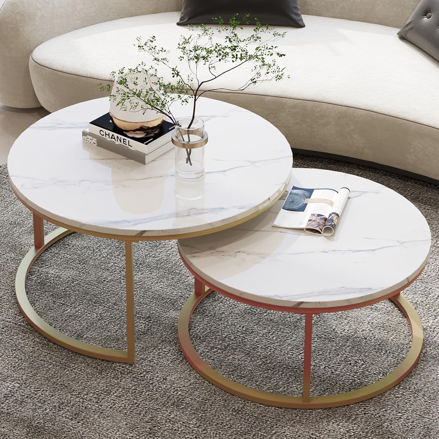 WiberWi Round Coffee Table Nesting Tables Set of 2, Large : Ø 34.0", Small : Ø 26.0", Modern Design Coffee Tables for Living Room, Gold Metal Frame Circle Cocktail Table, High Glossy Faux White Marble