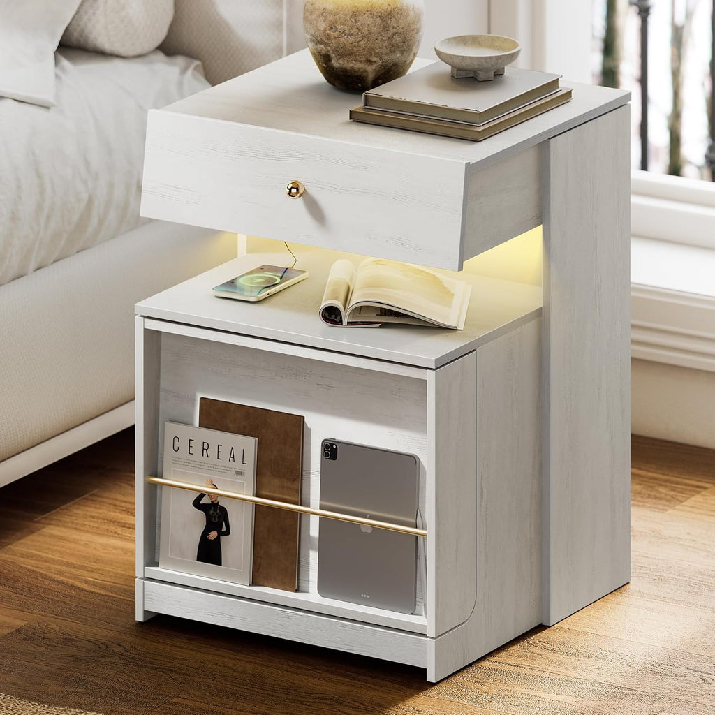 Nightstand with Charging Station and LED Lights, Night Stand with Sliding Top, Wood Modern Bedside End Table with Storage Drawer and Front Storage for Bedroom, White