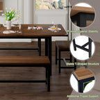 Feonase 5-Piece Dining Table Set for 4-8 People, 63" Extendable Kitchen Table with 2 Benches and 2 Square Stools, Mid-Century Modern Wooden Dining Room Table, Space-Saving, Walnut