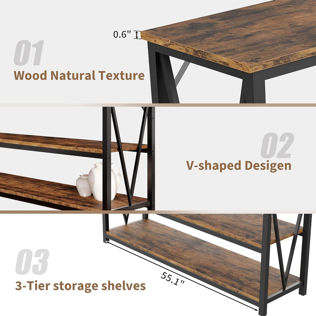 IDEALHOUSE Industrial Entryway Table, 47 in Narrow Long Console Table with Storage, 3 Tier Wood Console Table for Living Room, Farmhouse Sofa Tables Behind Couch, Hallway Table for Foyer-Brown
