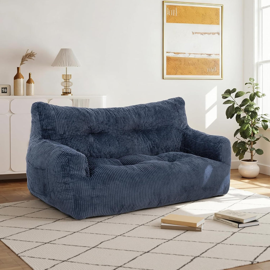 Pamapic 59" Bean Bag Chair,2 Seat Loveseat Sofa,Ultra Soft Dutch Velvet,Fluffy Comfort Washable Cover,Corduroy Lazy Sofa Bed for Adults,Fit Living Room, Bedroom,Outdoor Spaces,72h Rebound,Blue