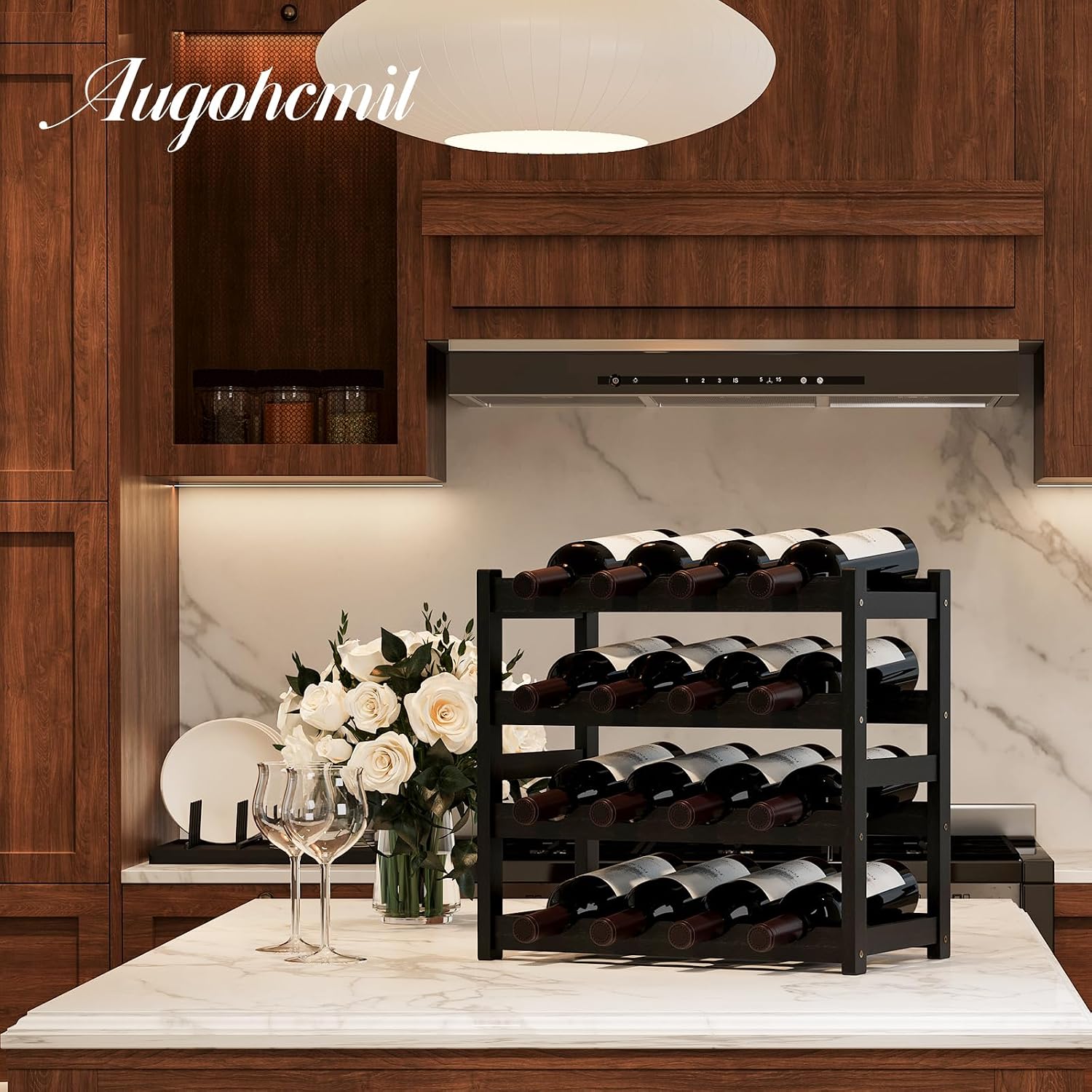 Wine Rack，Bamboo Wine Storage Cabinet Shelf，Countertop Wine Shelf- Freestanding Wine Holder for Kitchen & Pantry (Black, 4-Tier)