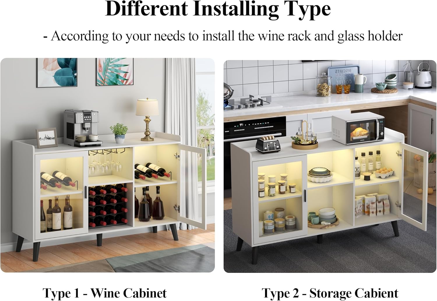 Auromie Wine Bar Cabinet with Led Light, Home Coffee Cabinet with Wine and Glass Rack, Kitchen Buffet Sideboard with Storage Shelves, Freestanding Liquor Cabinet for Living Room, Dining Room (White)
