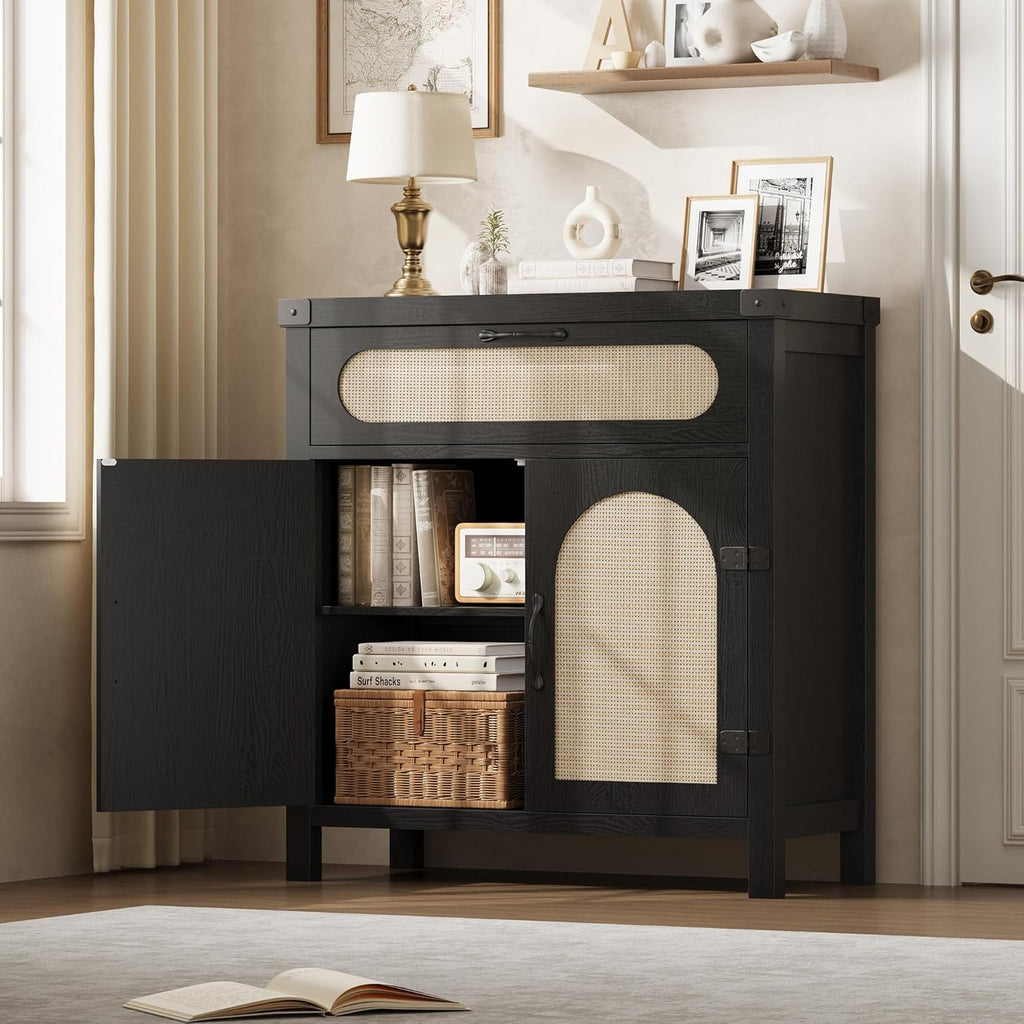 GarveeHome Rattan Sideboard Buffet Cabinets with Storage, Farmhouse Kitchen Accent Storage Cabinet with Drawer, Boho Wooden Coffee Bar Cabinet for Dining Room, Living Room, Hallway, Black