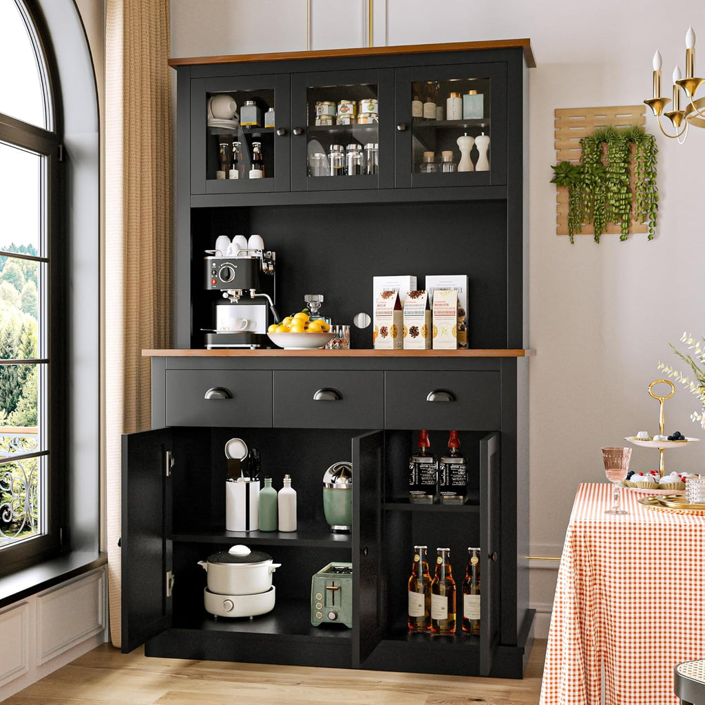 MU 71" Kitchen Pantry Cabinet with Charging Station, Tall Pantry Hutch with Drawers, Countertop & Microwave Shelf, Food Storage Cabinet for Dining Room & Coffee Bar, Black