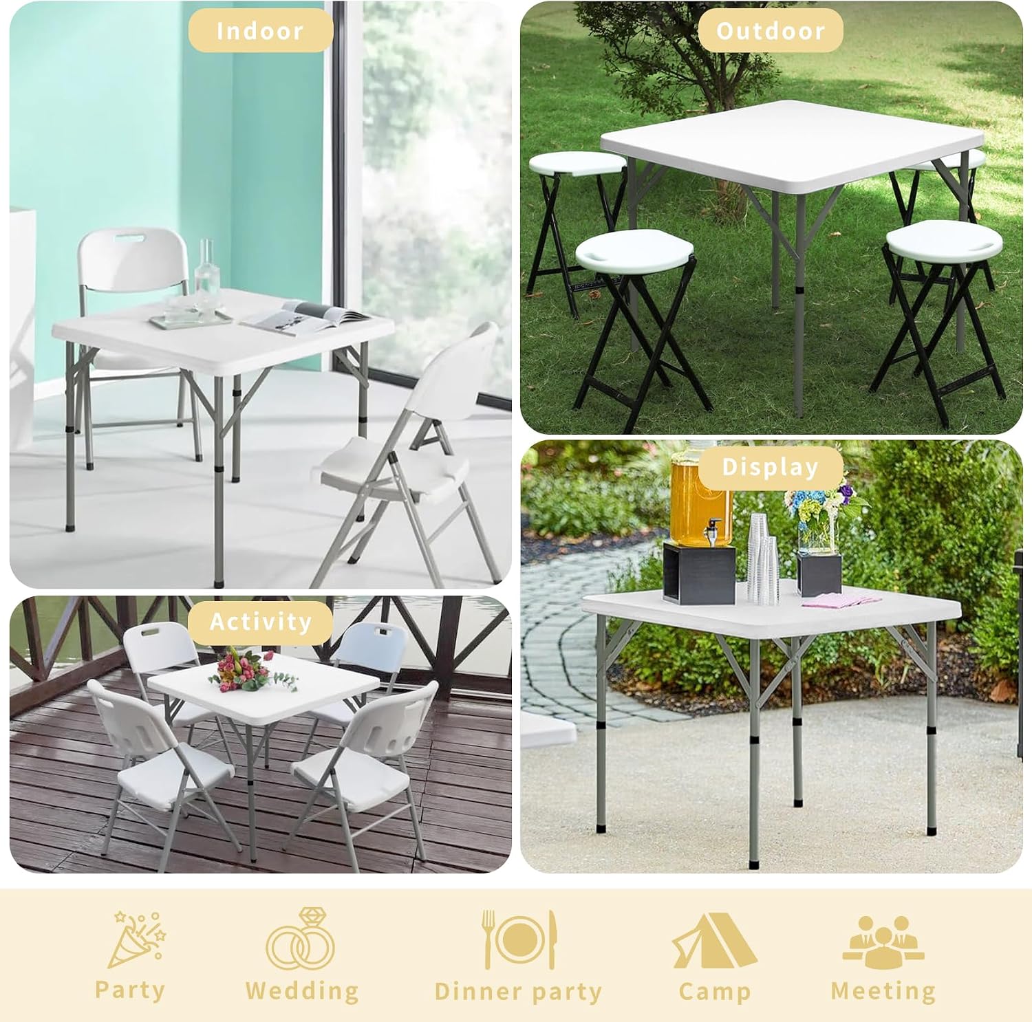 34" Square Folding Table,Multi-Functional Portable Folding Card Table with Carrying Handle for Indoor Outdoor Camping,Picnic, Office, Party Use, HDPE Plastic Tabletop with Metal Frame(White)