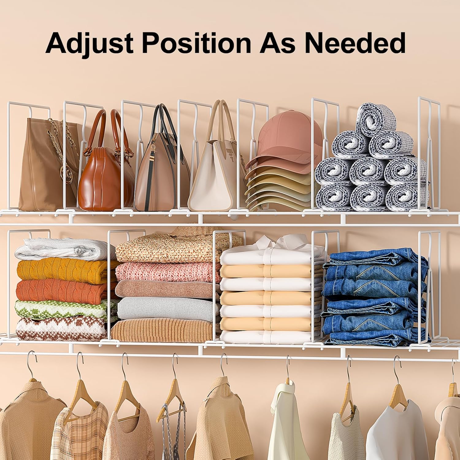 Wire Shelf Dividers for Closet: Clothes, Purse, Sweater Organizer, Vertical White Metal Rack Separators for Pantry, Bedroom, Kitchen Organization on Shelving (12" D x 10.6" H, 8 Pack)