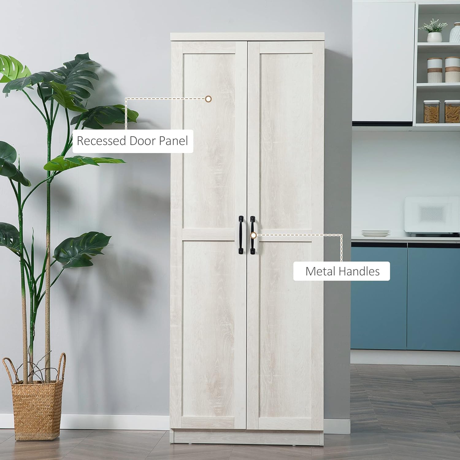 63" 2-Door Kitchen Pantry,Freestanding Storage Cabinet with 5-Tier Shelving and 2 Adjustable Shelves for Dining Room,Antique White