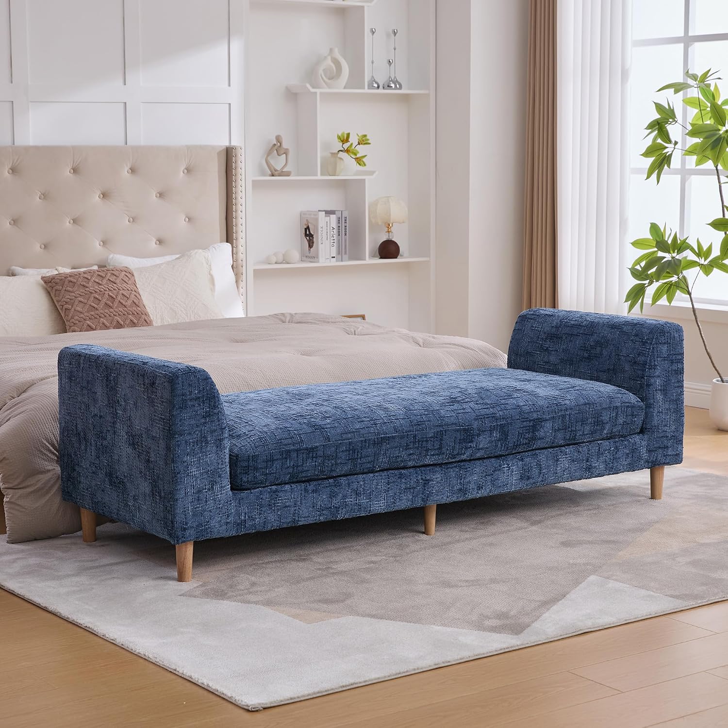mikibama 83.1" Extra Long Ottoman Bench for Bedroom,Oversized Chenille Upholstered Chaise Lounge Sofa Benches,Modern End of Bed Bench with Arms,Lounger Daybed Couch with Pillows (Blue)