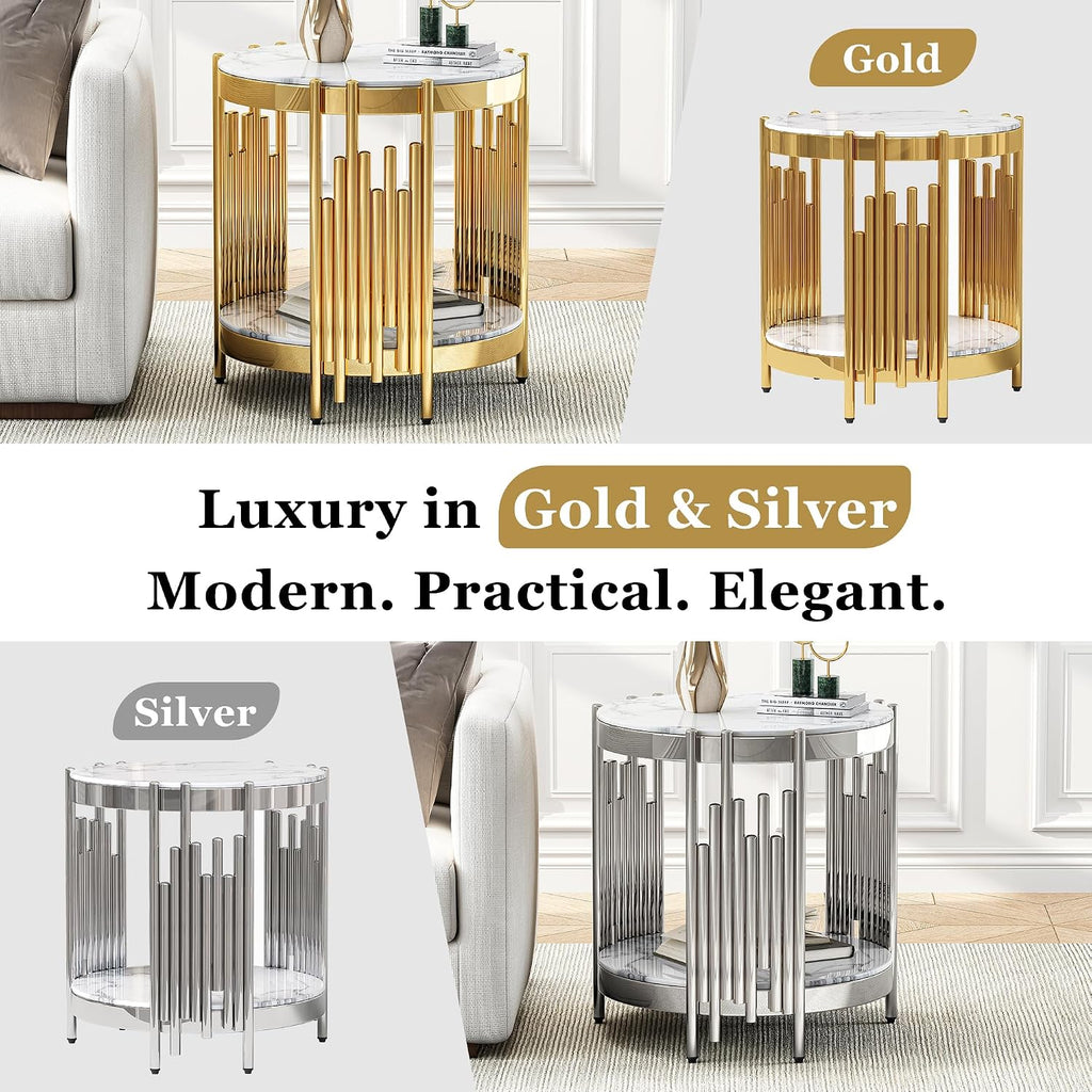 Round 2-Tier End Table, 21" White Faux Marble Top and Gold Stainless Steel Frame, Luxury Modern Side Table for Living or Bedroom