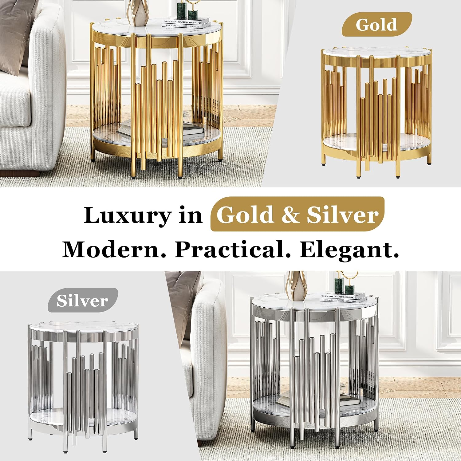 Round 2-Tier End Table, 21" White Faux Marble Top and Gold Stainless Steel Frame, Luxury Modern Side Table for Living or Bedroom