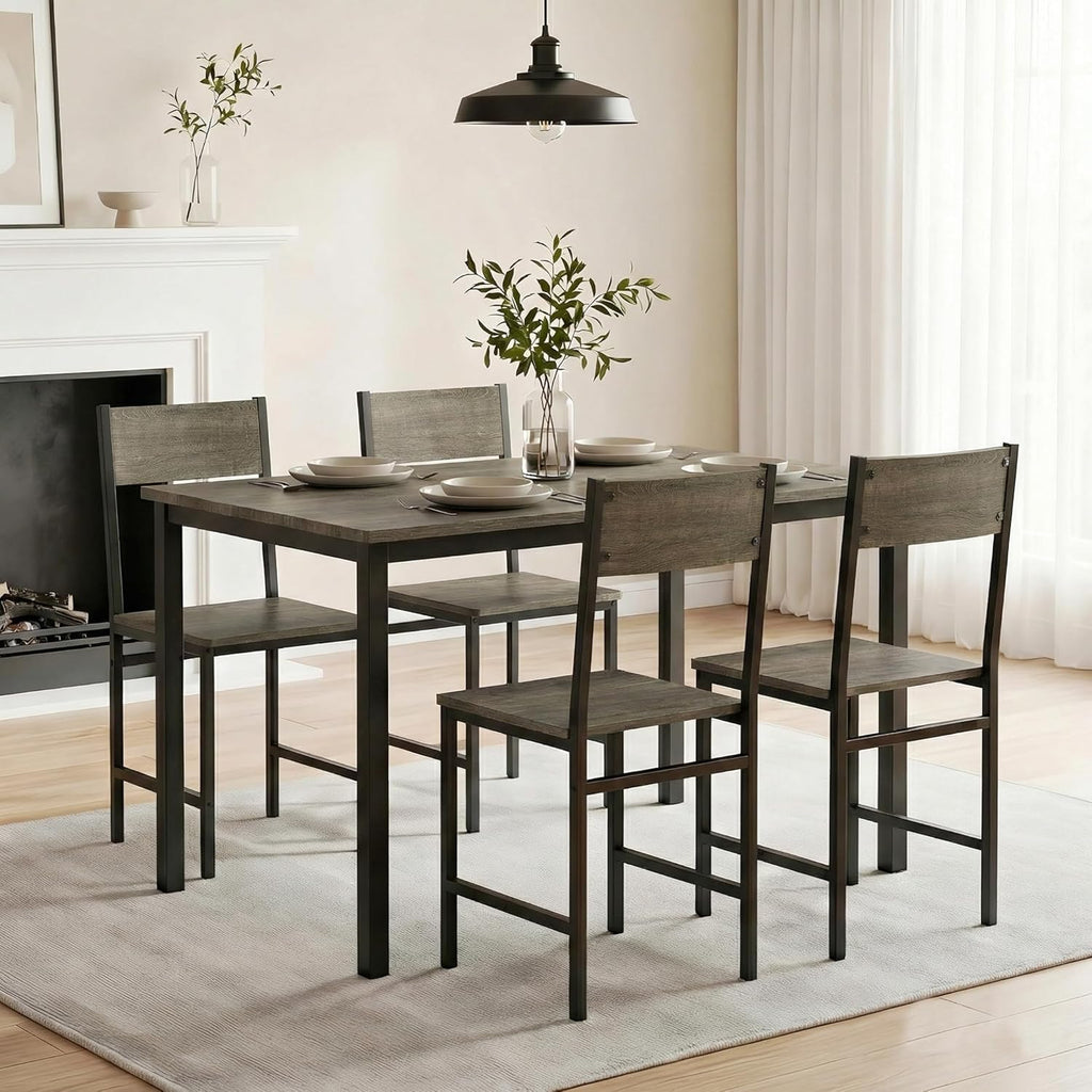 POWERSTONE Industrial Dining Chairs Set of 4, Wooden Kitchen Chairs with Slanted Backrests & Metal Legs, 330lb Capacity, Easy to Assemble, Farmhouse Dinner Seats for Living Room, Restaurant, Oak Grey