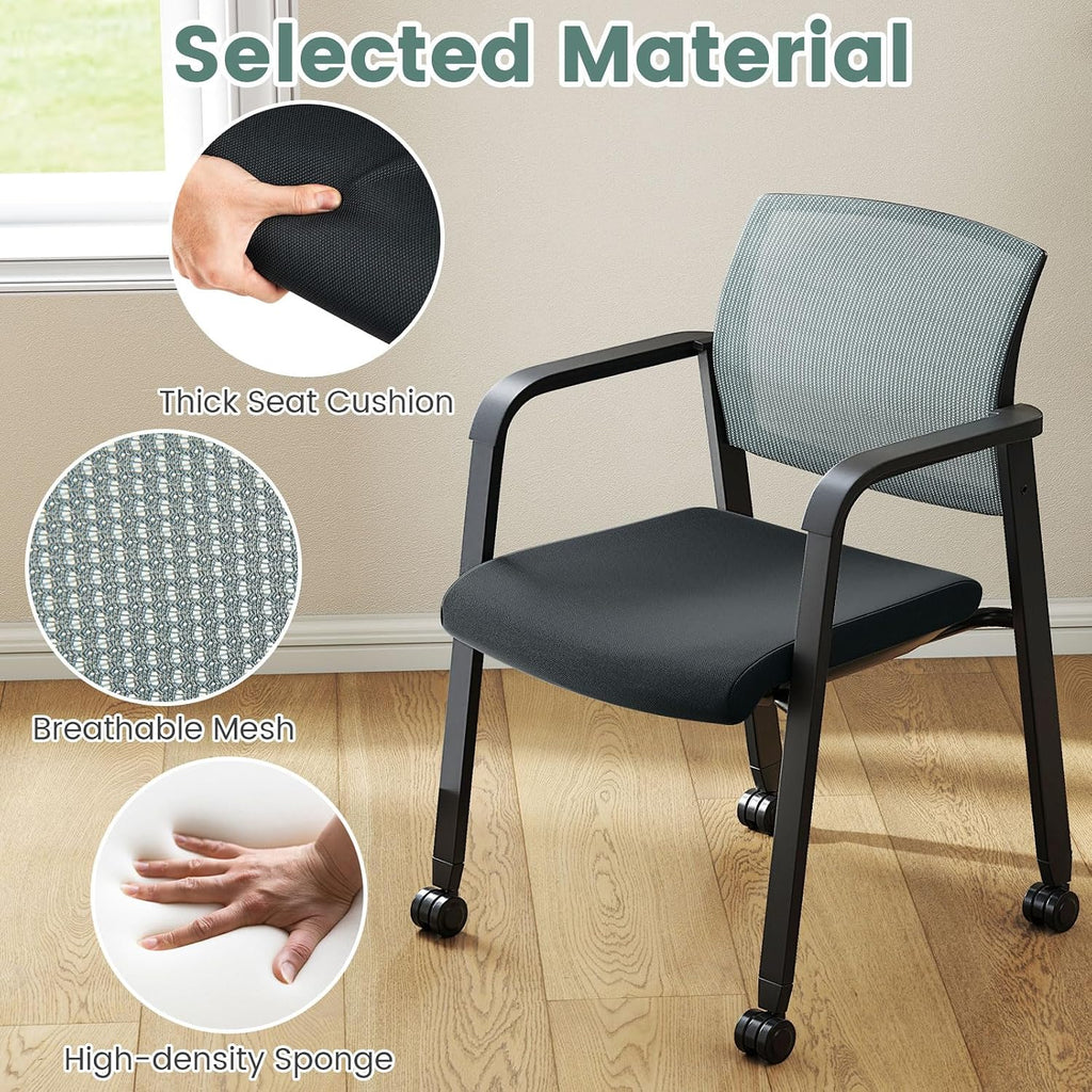 Tangkula Rolling Conference Room Chairs Set of 10, Stackable Office Guest Mesh Chairs with Armrests and Wheels, Ideal for Waiting Room Office, School, Lobby (Grey)