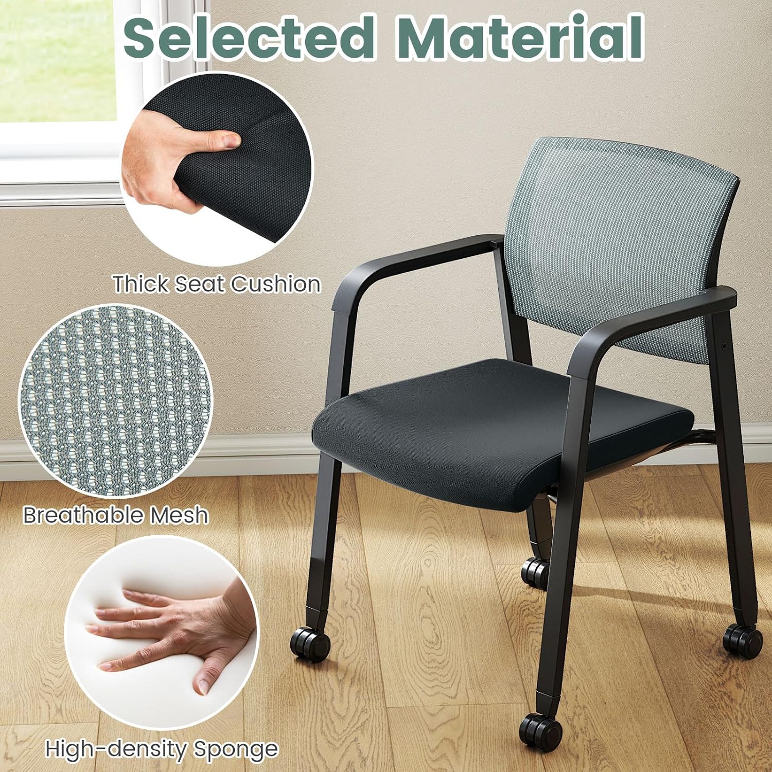 Tangkula Rolling Conference Room Chairs Set of 10, Stackable Office Guest Mesh Chairs with Armrests and Wheels, Ideal for Waiting Room Office, School, Lobby (Grey)