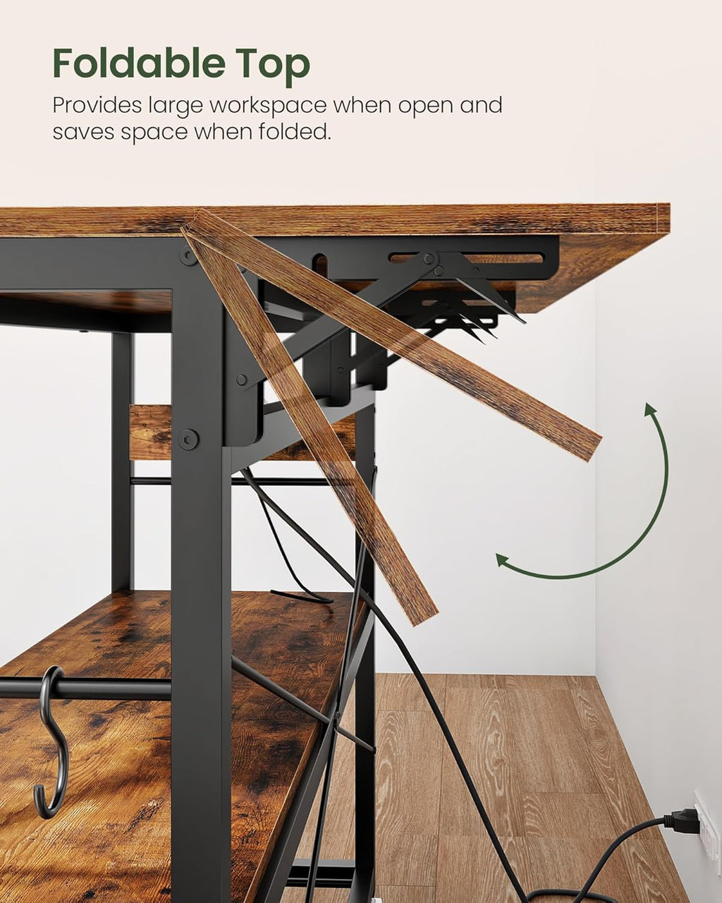CHOEZON Kitchen Island with Power Outlet and Folding Top, Movable with 3-Tier Storage, Large Size, Wooden Shelves and Wine Rack, for Kitchen, Dining and Living Room, Rustic Brown and Black TZD02UBF