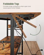 CHOEZON Kitchen Island with Power Outlet and Folding Top, Movable with 3-Tier Storage, Large Size, Wooden Shelves and Wine Rack, for Kitchen, Dining and Living Room, Rustic Brown and Black TZD02UBF