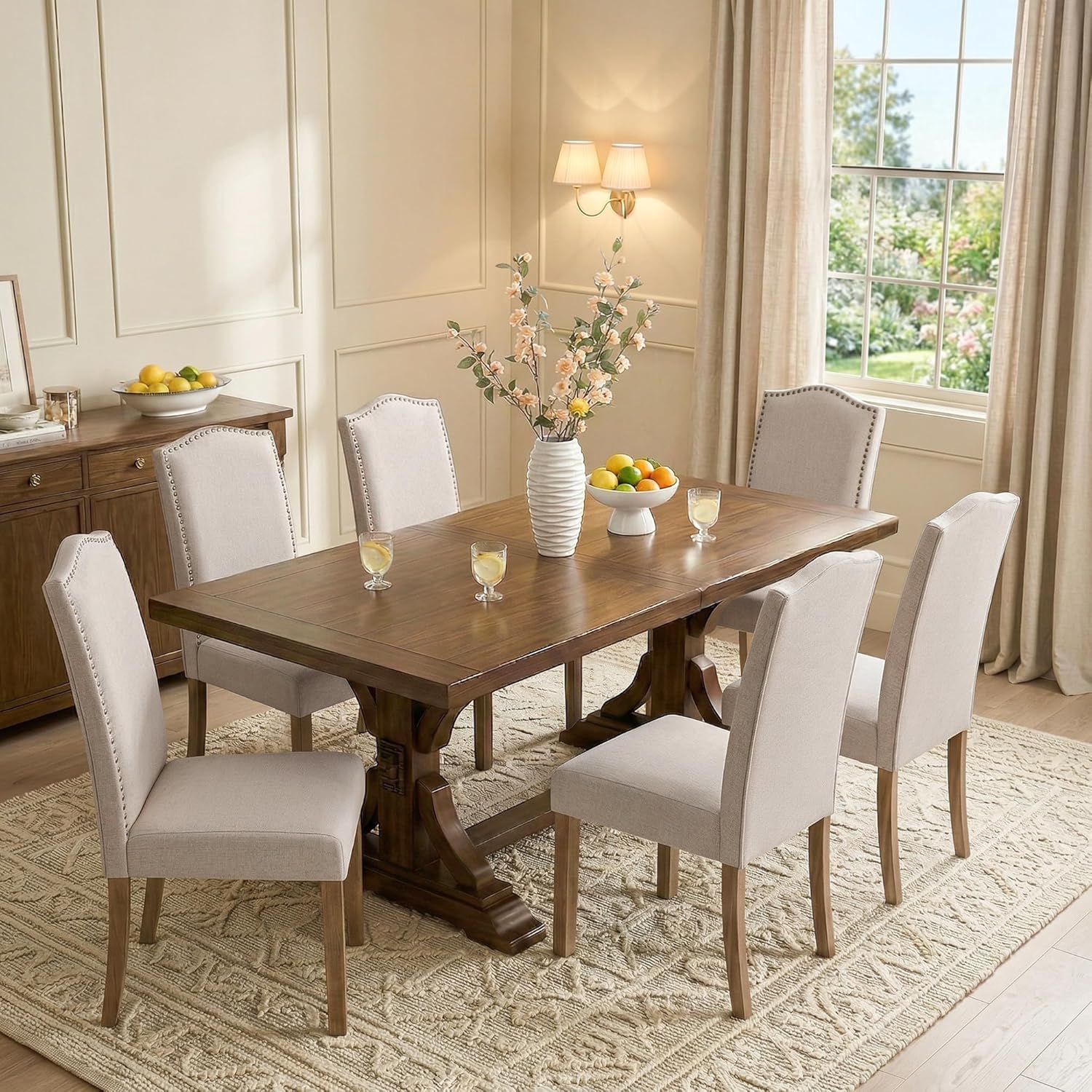 Upholstered Dining Chair Modern Stylish Parsons Kitchen Diner High Back with Silver Nailhead Trim & Wood Legs, Set of 2