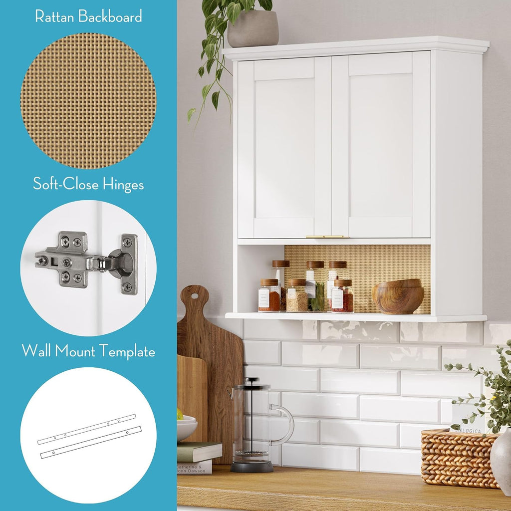 RiverRidge Two-Door Kitchen Storage Wall Cabinet with Woven Rattan Backboard, Soft-Close Hinges, and Adjustable Shelving Wall-Mounted Pantry Cabinet with - White