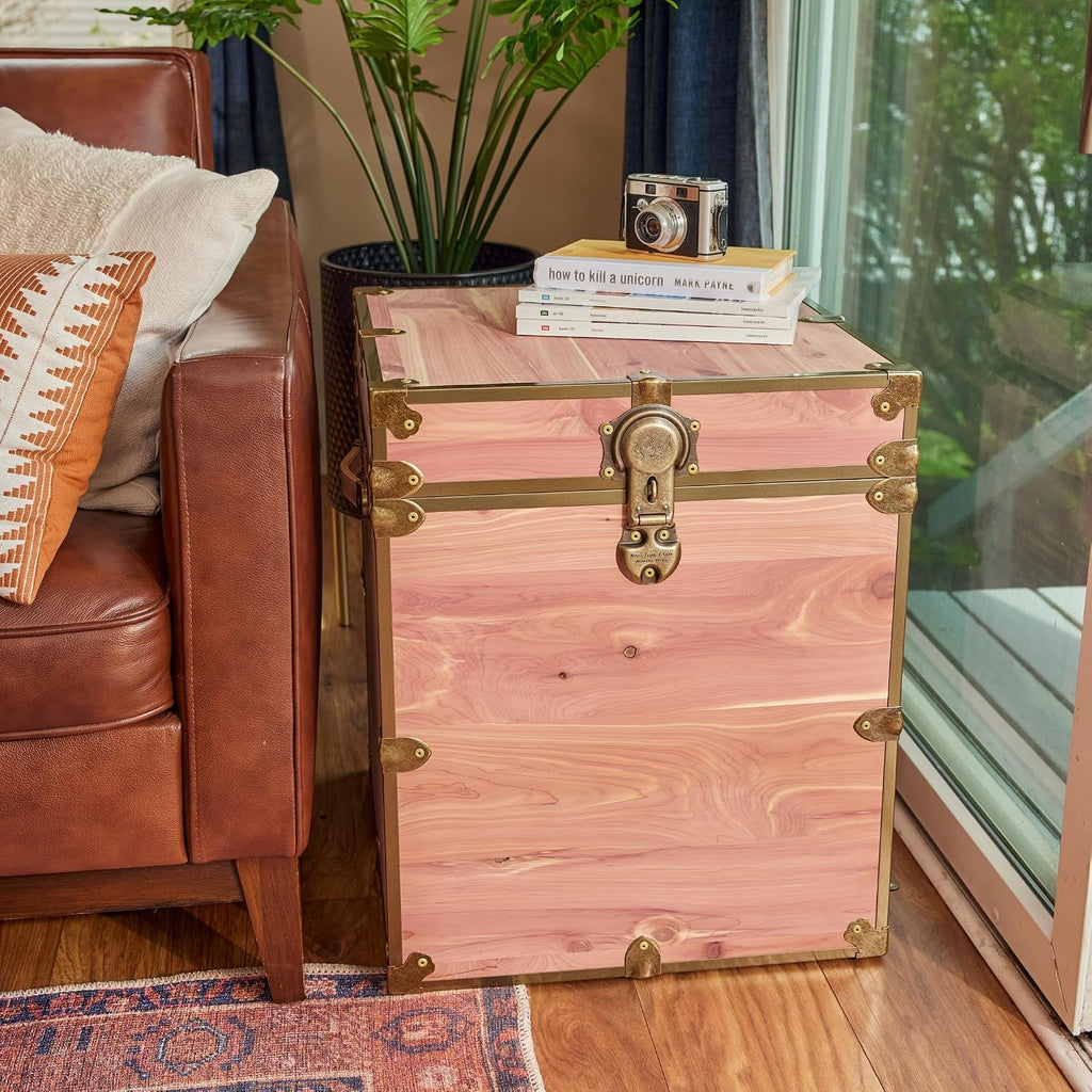 Rhino Trunk & Case Knotty Cedar Chest with Antique Brass Hardware – 18"x18"x20" Cube Storage Box, Coffee Table, End of Bed Trunk or Entryway Storage Bench Furniture – USA-Made, Heirloom Aesthetic