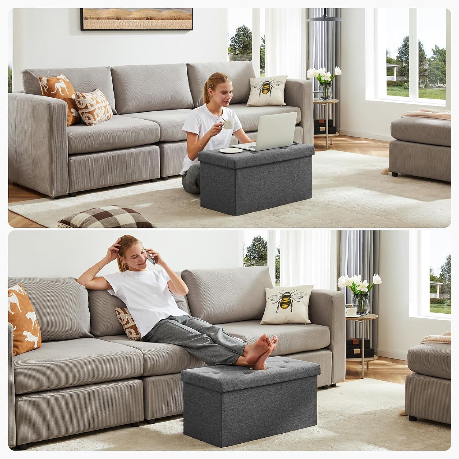 DUMOS 30 Inch Folding Storage Ottoman Bench, Large Hidden Storage Chest withThicker Foam Padded Seat, End of Bed Foot Rest Stool for Bedroom Living Room Entryway, Load 660 lbs, Grey