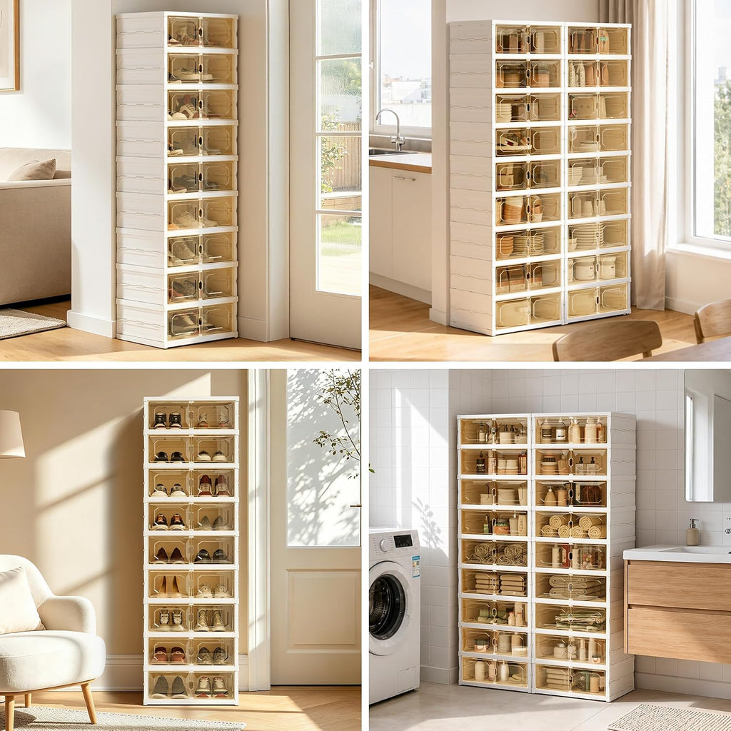 Foldable Shoe Rack Set of 2, 9 Tier Collapsible Shoe Rack with Magnetic Doors, Large Capacity Clear Display Cabinet with Wheels for 18 Pairs, Apartment Entryway