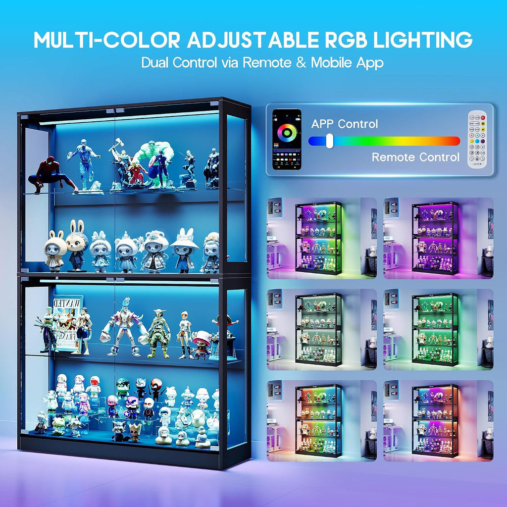 AMERLIFE 45-Inch RGB Display Cabinet with Glass Doors | 70 H x 45 W x 16 D In, 4-Tier Storage, Adjustable Glass Shelves, RGB LED Lights, Press-to-Open Doors, Black