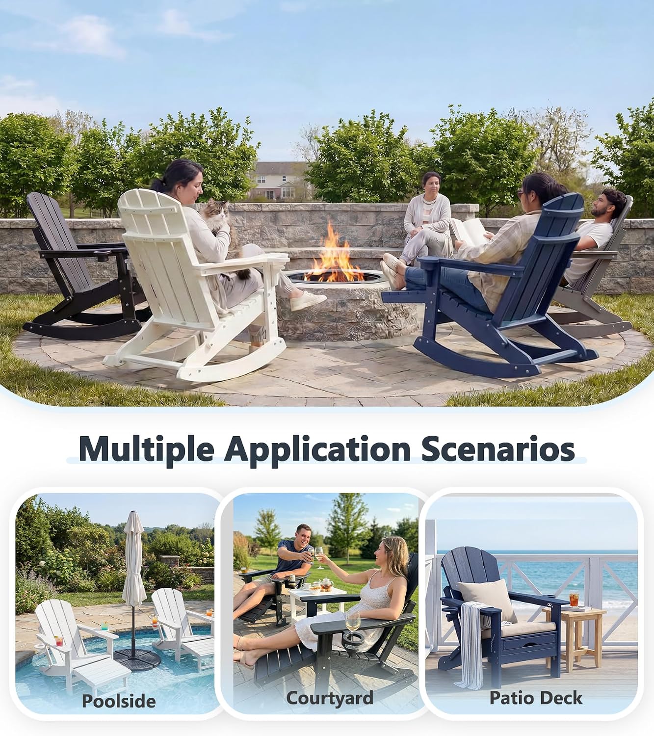 PASAMIC Adirondack Rocking Chairs Set of 2, Foldable All-Weather HDPE Patio Rockers with Retractable Ottoman & Cup Holder, Outdoor Chairs for Porch Backyard Pool Garden Balcony, Jet Black