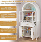 SOFTSEA Arched Kitchen Pantry Cabinet with Glass Door, 71" Tall Cupboard Cabinet with Adjustable Shelves & Barn Door, Farmhouse Kitchen Hutch with Drawer for Dining Room, White