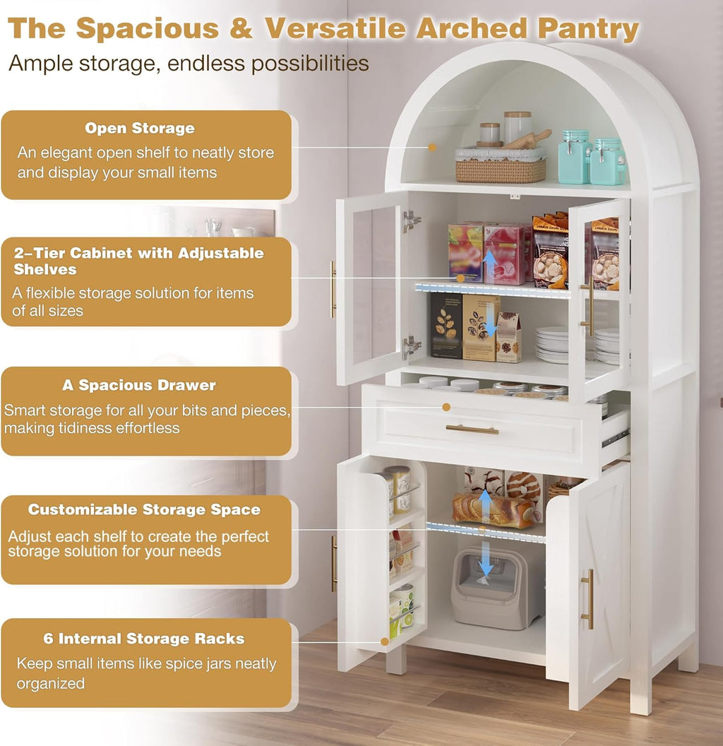roomfitters 71" Tall Arched Farmhouse Pantry Cabinet with Glass Barn Doors & Pull-Out Drawer, White