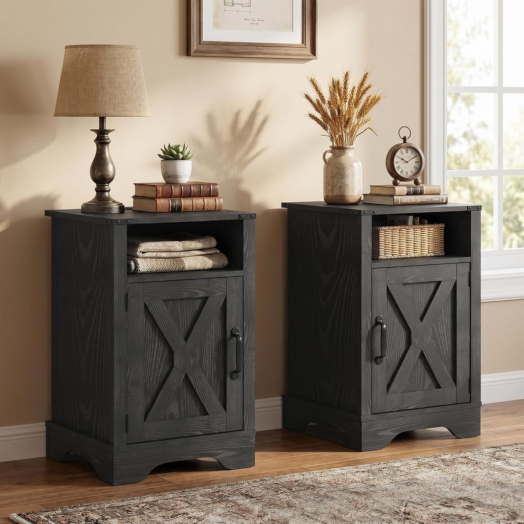 FansaFurn Farmhouse End Table with Charging Station Set of 2, Rustic Night Stand with Storage Cabinet and Shelf, Tall Wooden Bedside Table for Bedroom, Living Room, Black