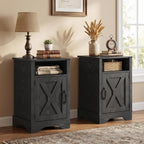 FansaFurn Farmhouse End Table with Charging Station Set of 2, Rustic Night Stand with Storage Cabinet and Shelf, Tall Wooden Bedside Table for Bedroom, Living Room, Black
