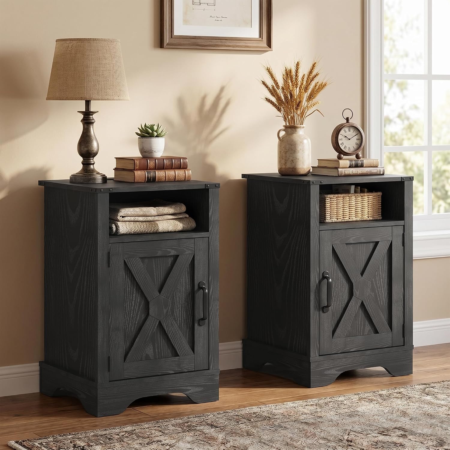 FansaFurn Farmhouse End Table with Charging Station Set of 2, Rustic Night Stand with Storage Cabinet and Shelf, Tall Wooden Bedside Table for Bedroom, Living Room, Black