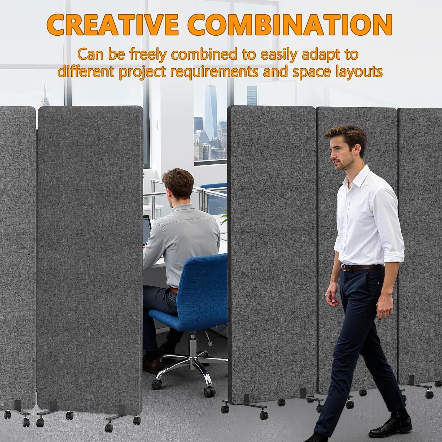 Soundproof Room Divider 3 Panels Rolling Room Divider with Wheels,Office Partitions Portable Wall, Freestanding Folding Partition Privacy Screens for Home, Office,Bedroom,Hospital,72x66in Dark Gray