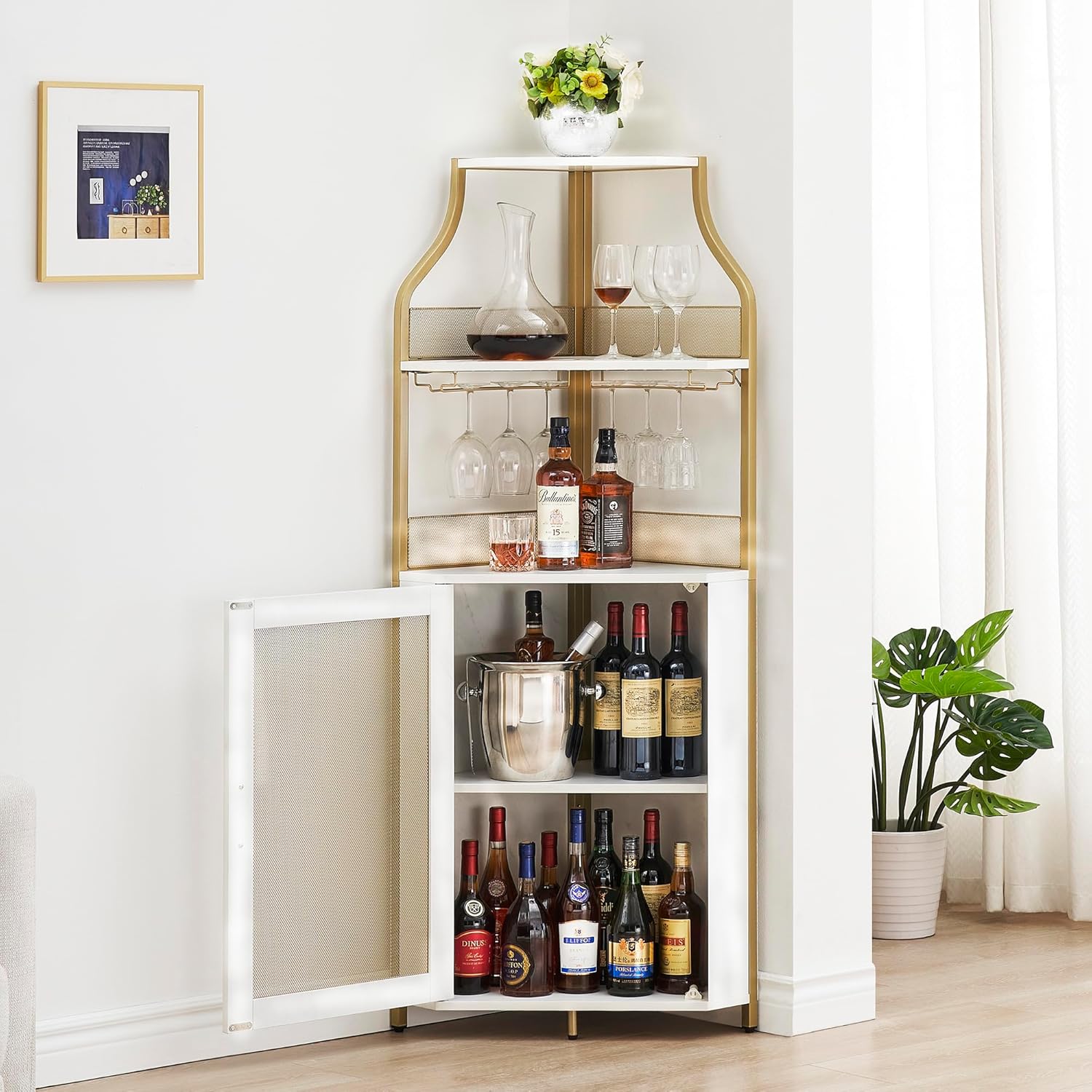 GarveeHome Corner Wine Cabinet with Detachable Wine Rack, 5-Tier Industrial Corner Bar Cabinet with Barn Door and Glass Holder, Farmhouse Buffet Cabinet and Home Bar, Gold