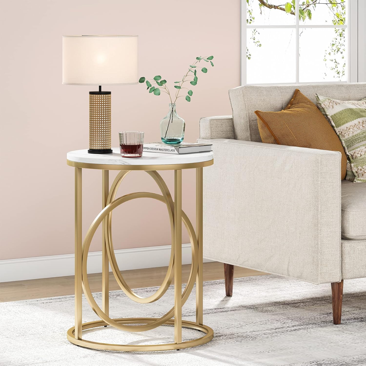LITTLE TREE 20” Round End Table，Modern Sofa Side Table with Gold O-Shaped Base, Faux Marble White Cocktail Table Accent Table Nightstand for Living Room Bedroom