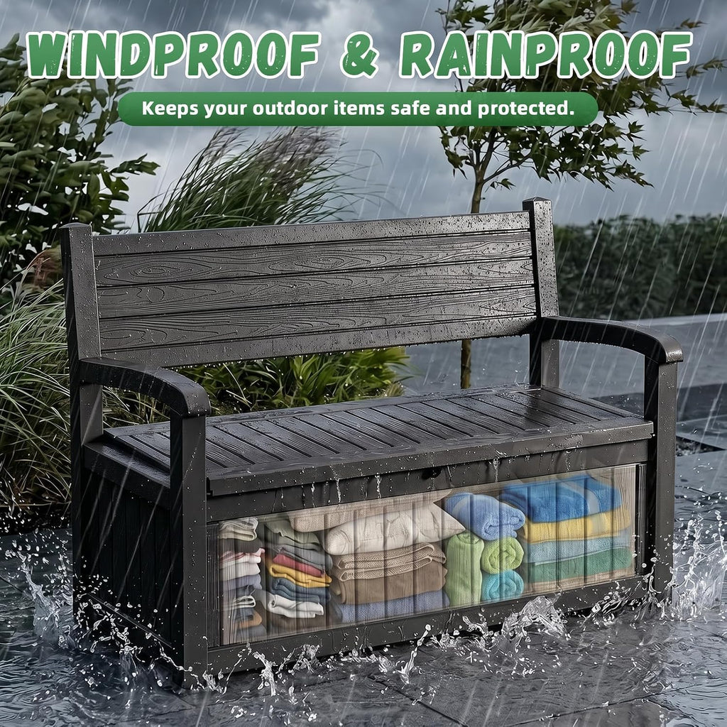 80Gal Resin Outdoor Deck Storage Bench, Lockable Waterproof UV Protected Patio Box, Weatherproof Porch Pool Garden Furniture for Yard Tools & Seat Cushions, Black