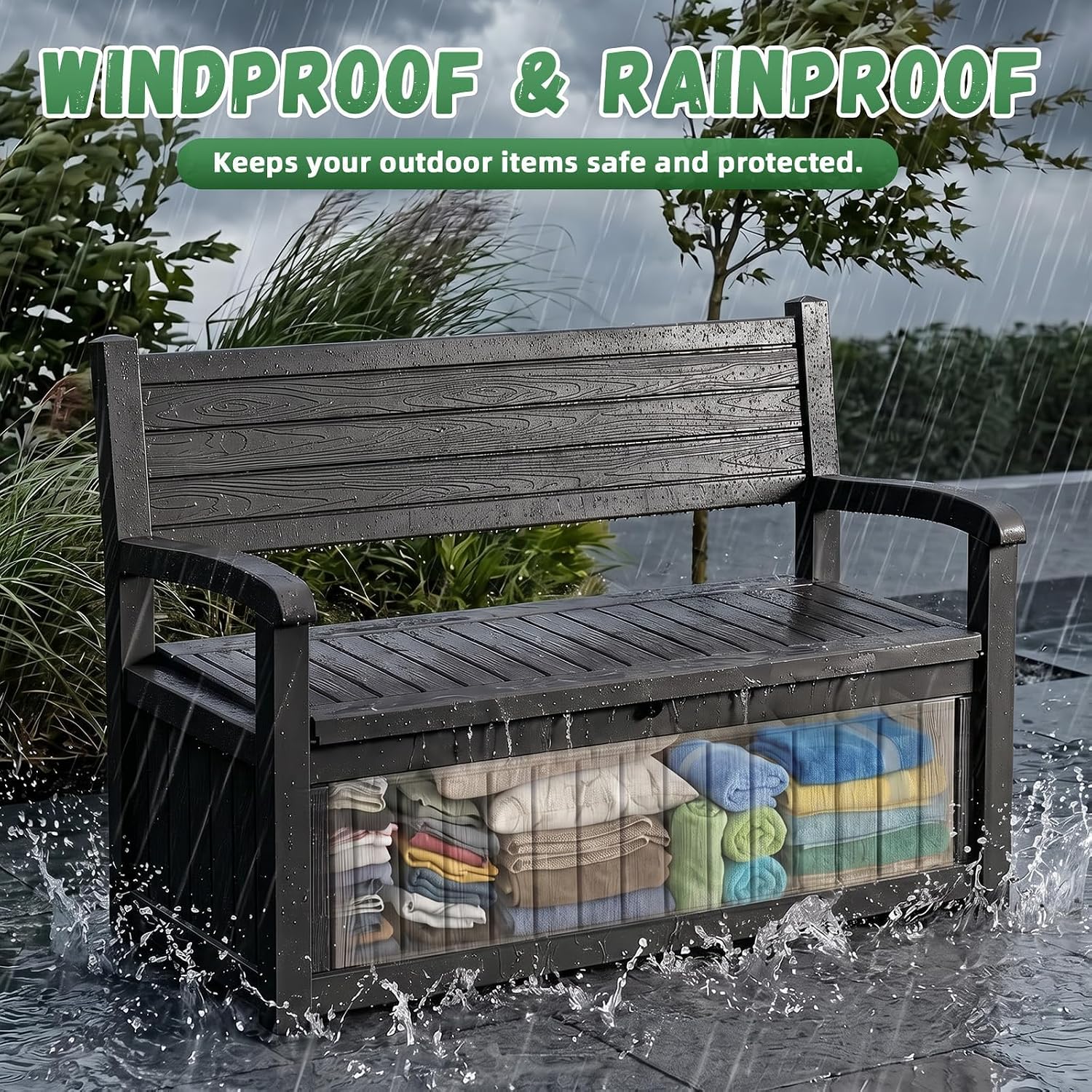 80Gal Resin Outdoor Deck Storage Bench, Lockable Waterproof UV Protected Patio Box, Weatherproof Porch Pool Garden Furniture for Yard Tools & Seat Cushions, Black