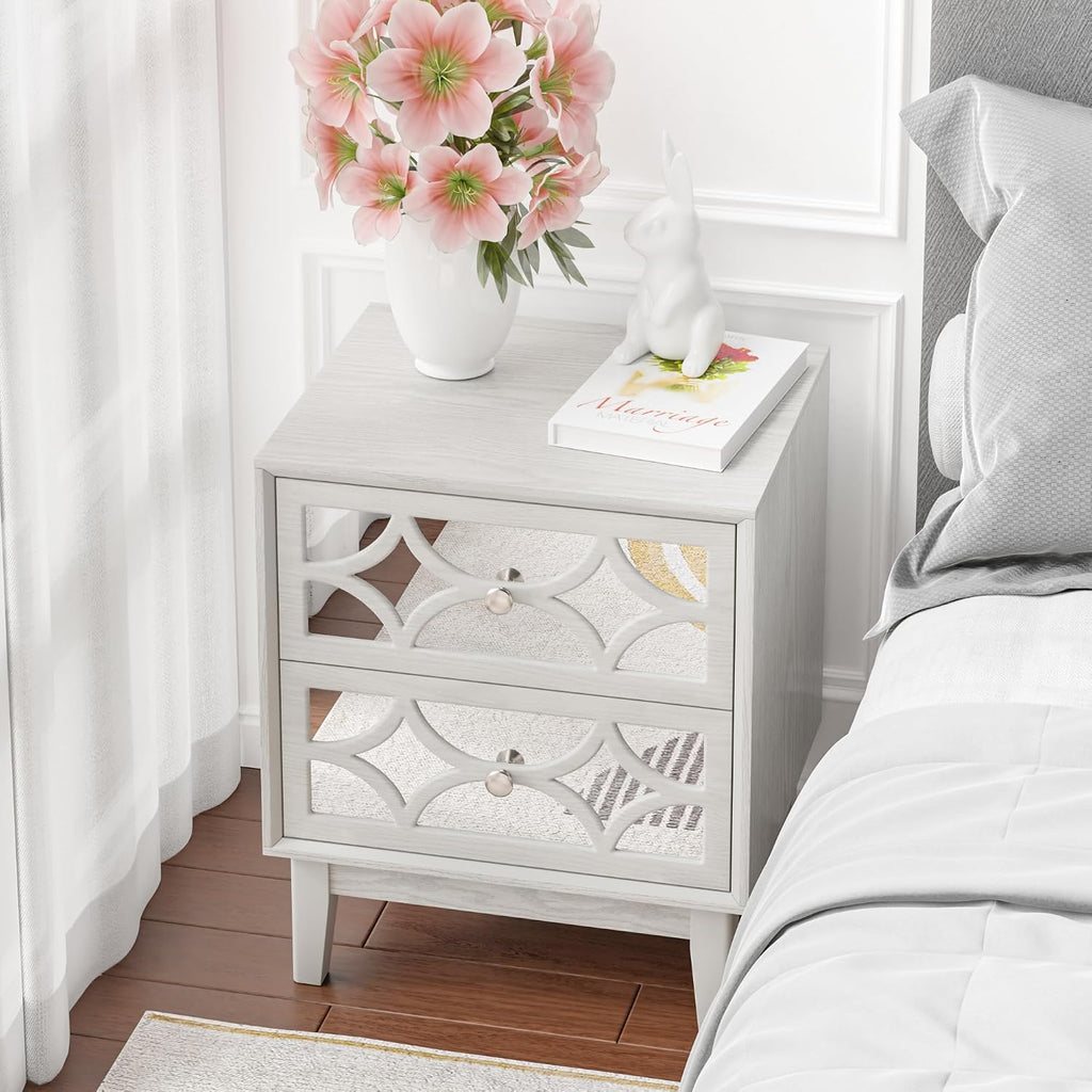 COZAYH Modern 2 Drawer Nightstand with Mirrored Fronts, Elegant Geometric Pattern Bedside Table for Bedroom, Light Gray