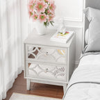 COZAYH Modern 2 Drawer Nightstand with Mirrored Fronts, Elegant Geometric Pattern Bedside Table for Bedroom, Light Gray