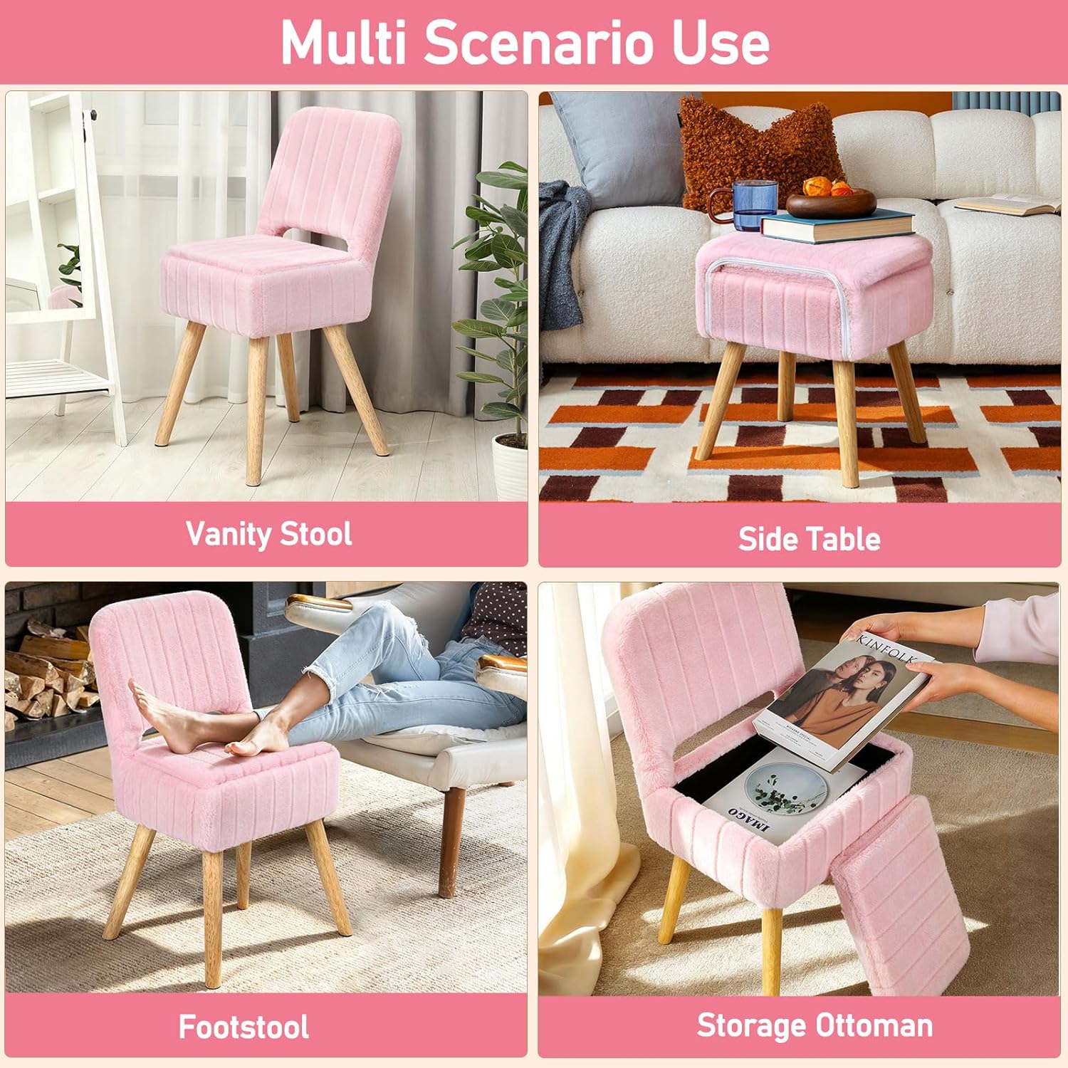 Vanity Stool Chair with Storage & Folding Back, Faux Rabbit Fur Soft Padded Seat Ottoman, 4 Solid Wood Legs Anti-Slip Feet, Small Stool for Vanity Desk for Makeuproom, Bedroom 15.7”x12.5”x28.7”（Pink）
