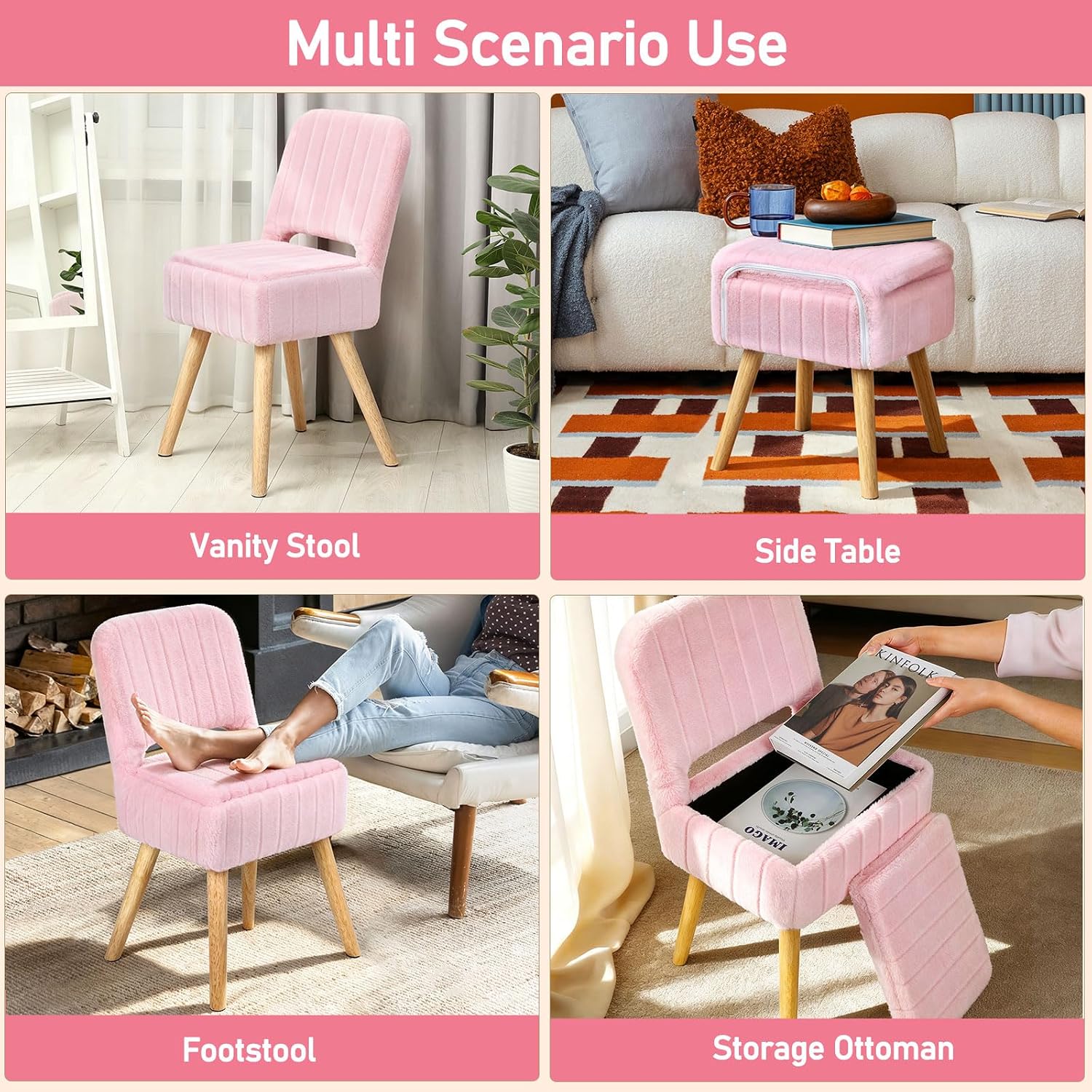 Vanity Stool Chair with Storage & Folding Back, Faux Rabbit Fur Soft Padded Seat Ottoman, 4 Solid Wood Legs Anti-Slip Feet, Small Stool for Vanity Desk for Makeuproom, Bedroom 15.7”x12.5”x28.7”（Pink）