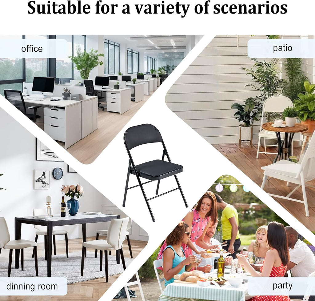 Folding Chairs 6 Pack Black with Padded Seats, 350-LBS Heavy Duty Metal Frame, Portable Design for Home Use, Party Events Outside, No Assembly Required
