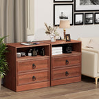 Bigbiglife Farmhouse End Table with Charging Station, 21.7inch Wide Bedside Table for Living Room, Sofa Side Table with Drawers and Open Shelf, Nightstand for Bedroom(Cherry Brown)