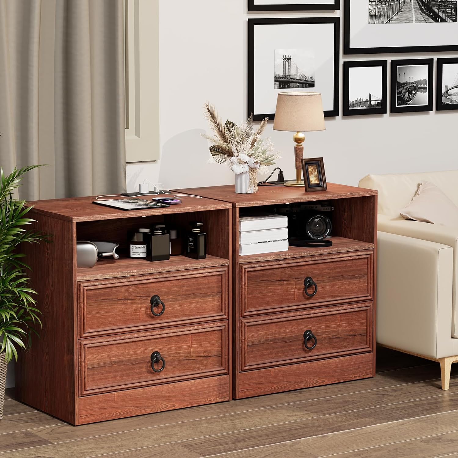 Bigbiglife Farmhouse End Table with Charging Station, 21.7inch Wide Bedside Table for Living Room, Sofa Side Table with Drawers and Open Shelf, Nightstand for Bedroom(Cherry Brown)