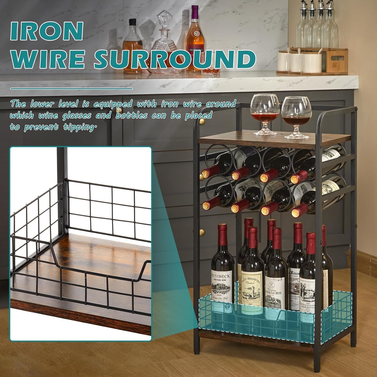 3-Tier Wine Rack Freestanding Floor Cabinet Corner Bar Cabinet Bar Cart,12 Individual Wine Storage Bottle Compartments Corner Bar Cabinet Holder,Wood + Black Frame Liquor Cabinet