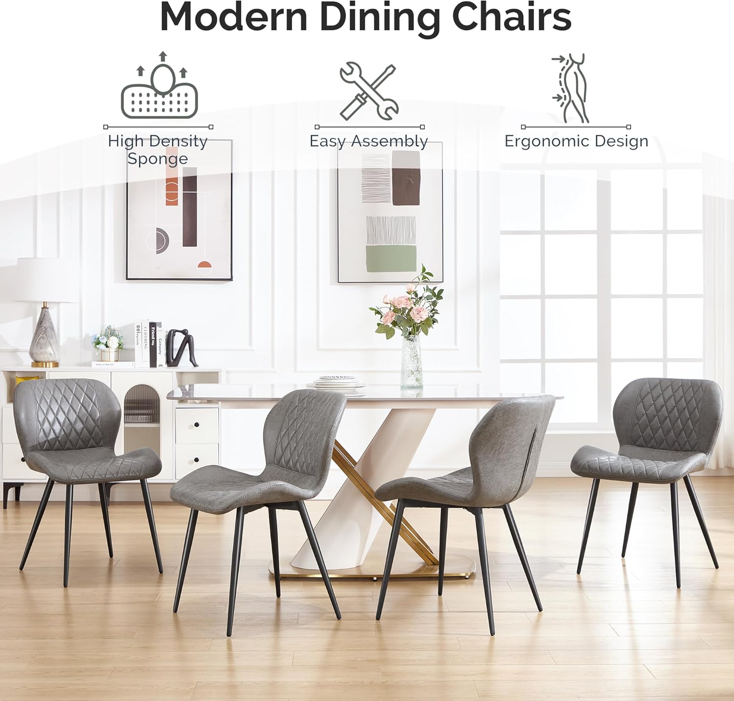 Dining Chairs Set of 4, Comfy Modern Dining Chairs with Thick Cushions, Upholstered Fabric Kitchen Side Chairs with Adjustable Metal Legs for Dining Room (Light Grey)