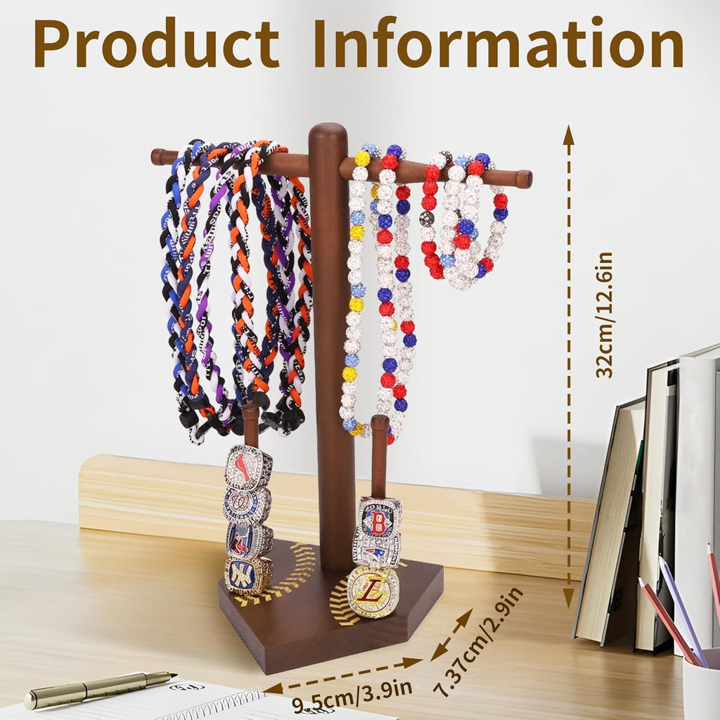Baseball Ring Display Holder for Championship Rings & Necklaces, Wooden Sports Jewelry Organizer with Bat Stand for Baseball Softball Players, Athlete Gift Display Case for Rings Bracelets Medals